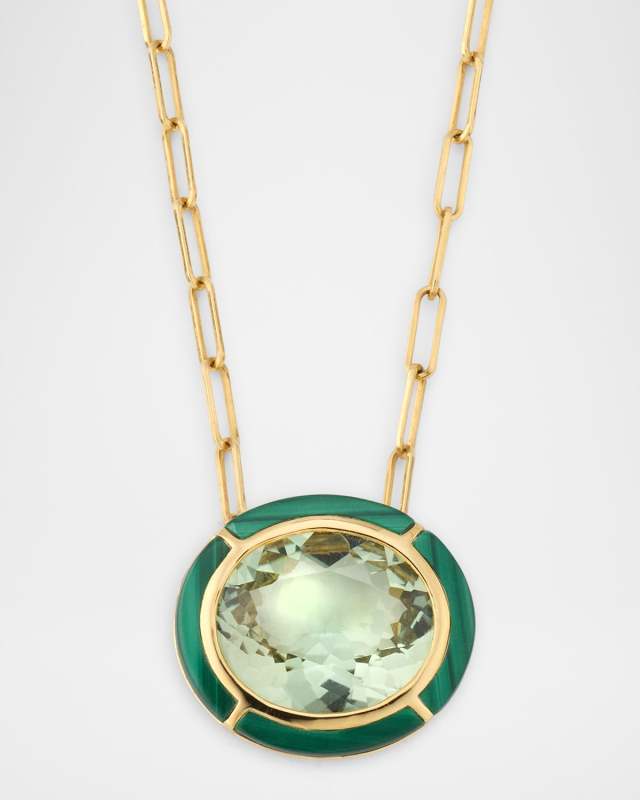 Melange 18K Yellow Gold Prasiolite Oval Necklace with Malachite Inlay